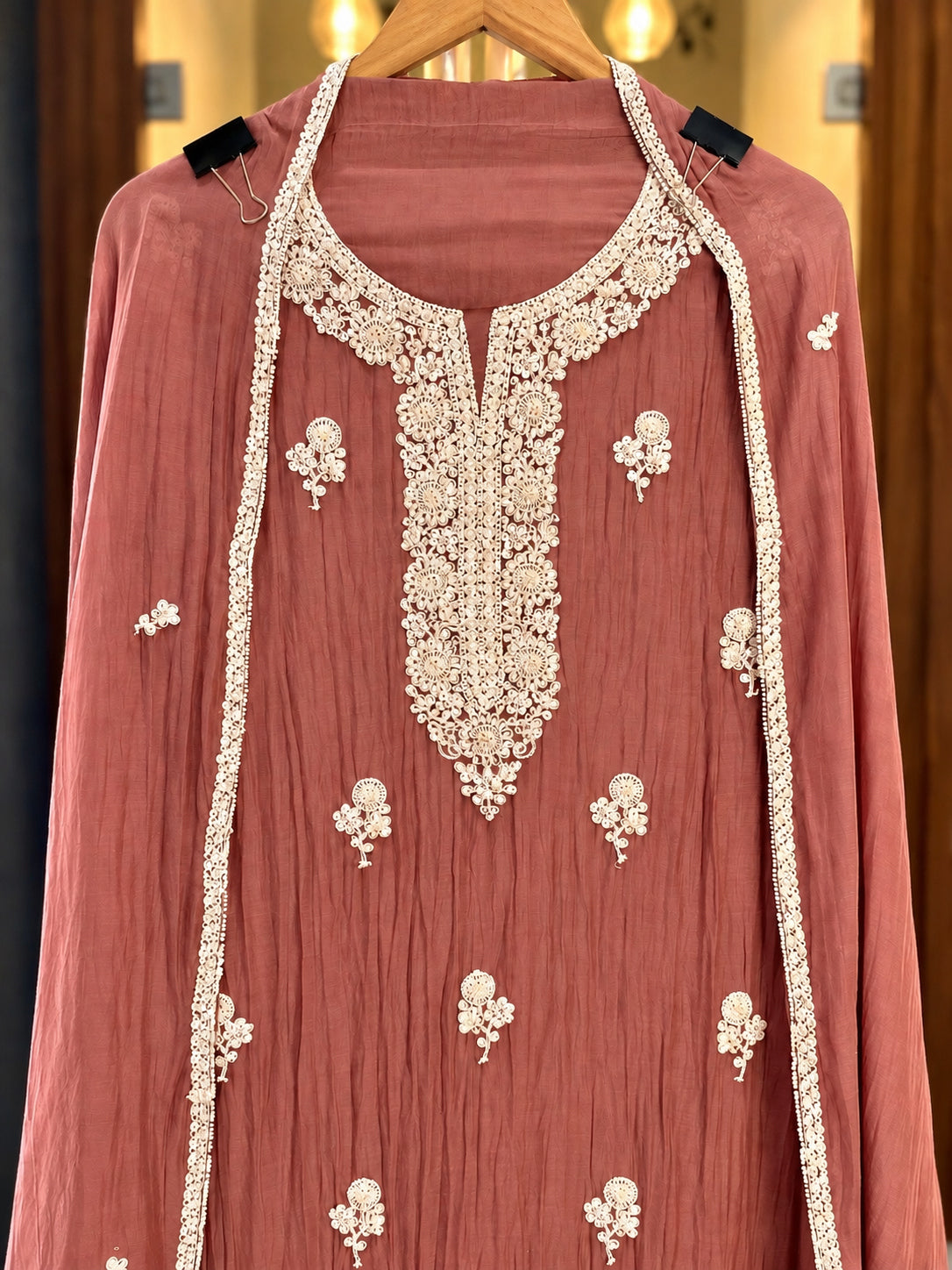 Mul Cotton Suit with Sequence, Pearl & Thread Work in Terracotta Brown — Mul Cotton, un-stitched suit set by Stree Boutique (photo 2)