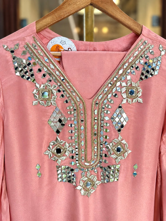Shimmer Long Dress with Mirror & Gota Work with Potli in Light Pink — Shimmer by Stree Boutique (photo 2)