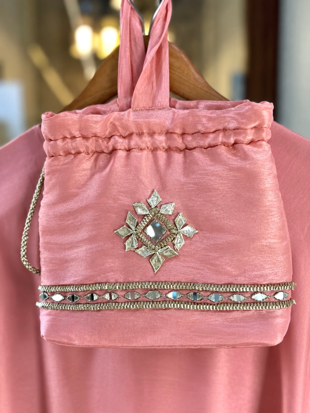 Shimmer Long Dress with Mirror & Gota Work with Potli in Light Pink — Shimmer by Stree Boutique (photo 3)