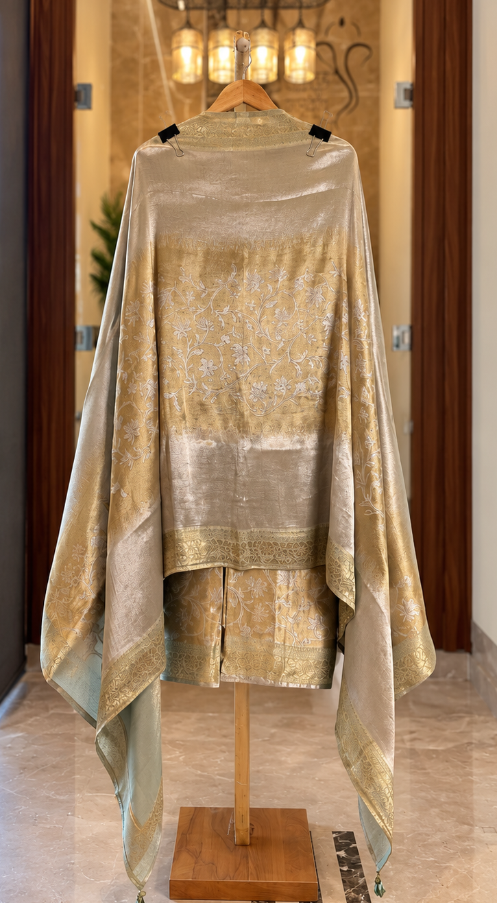 Giraffe Brocade Silk Suit with Zari Work in Pista Green — Giraffe Silk, un-stitched suit set by Stree Boutique (photo 3)