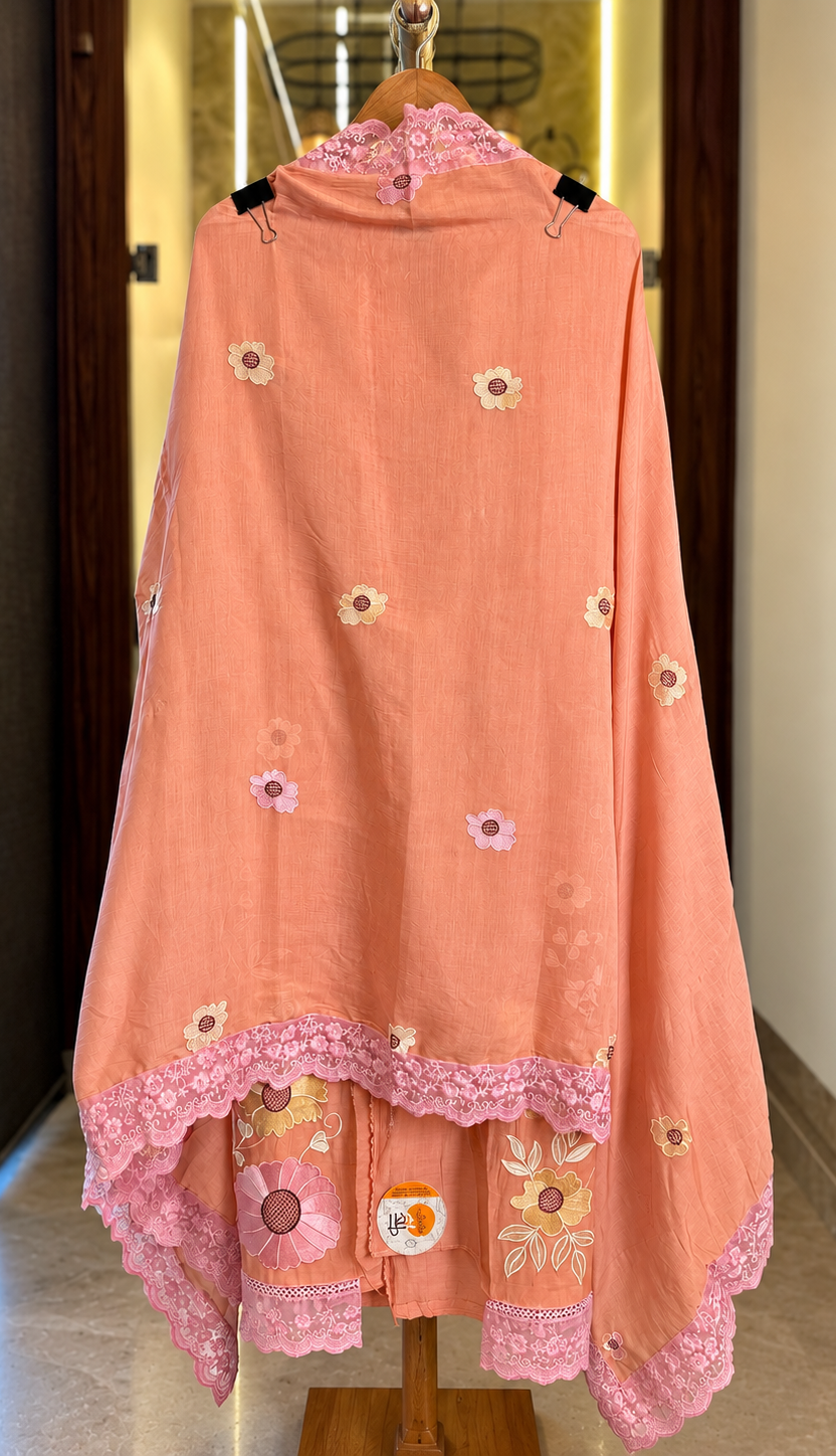 Mul Cotton Suit with Flower Thread Work & Quereshiya Lace in Peach — Mul Cotton, un-stitched suit set by Stree Boutique (photo 4)