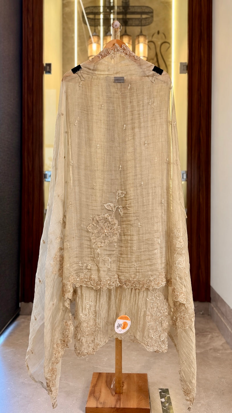 Crushed Tissue with Kutdana & Zari Work in Gold — Crushed Tissue, un-stitched suit set by Stree Boutique (photo 3)