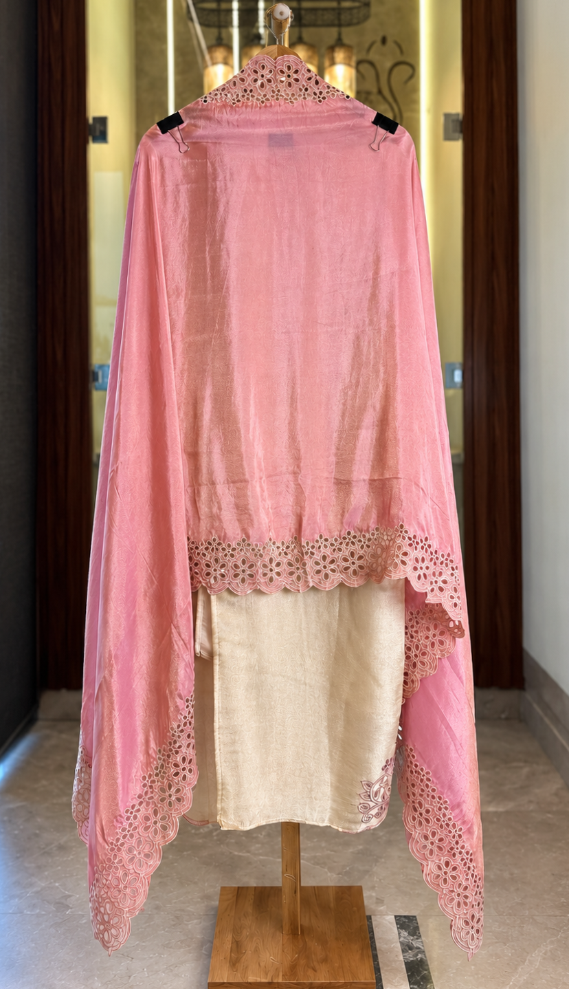 Giraffe Silk Suit with Pink Cut Work in Cream — Giraffe Silk, un-stitched suit set by Stree Boutique (photo 3)
