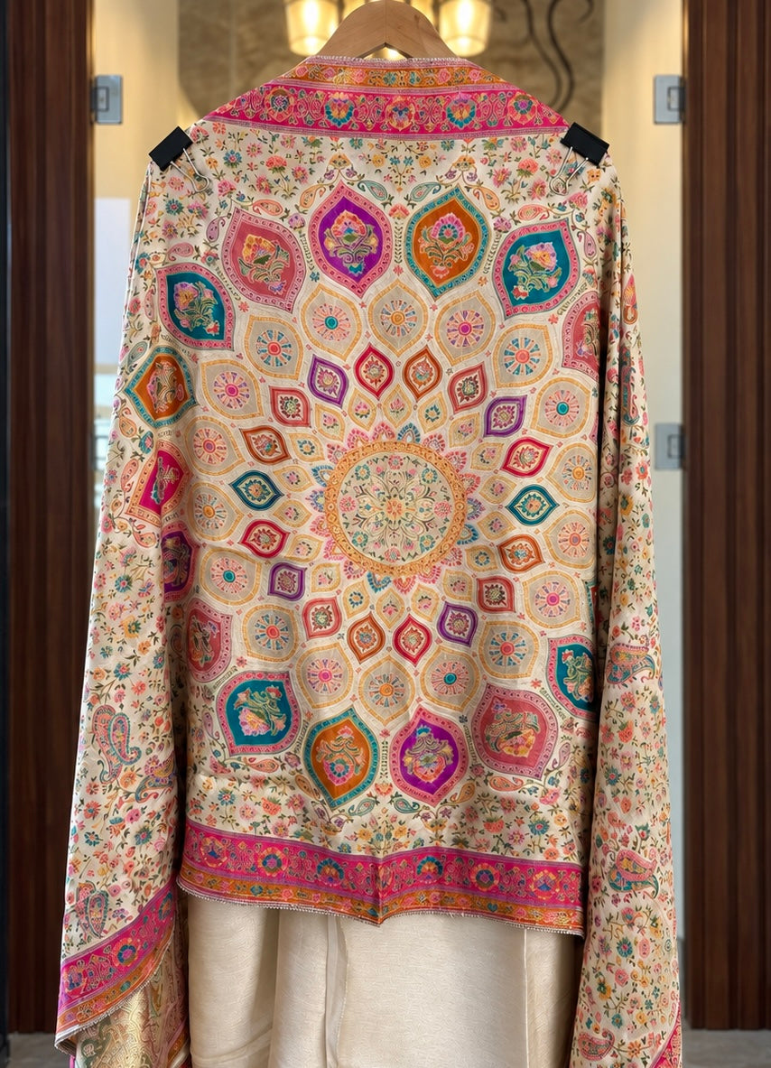 Giraffe Silk Suit with Zari, Pearl & Sequence Work with Thread Work Dupatta in Cream — Giraffe Silk, un-stitched suit set by Stree Boutique (photo 3)