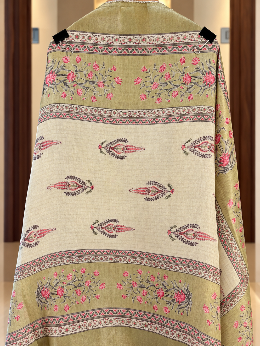 Printed Giraffe Silk Suit with Neck Work in Green — Giraffe Silk, un-stitched suit set by Stree Boutique (photo 3)