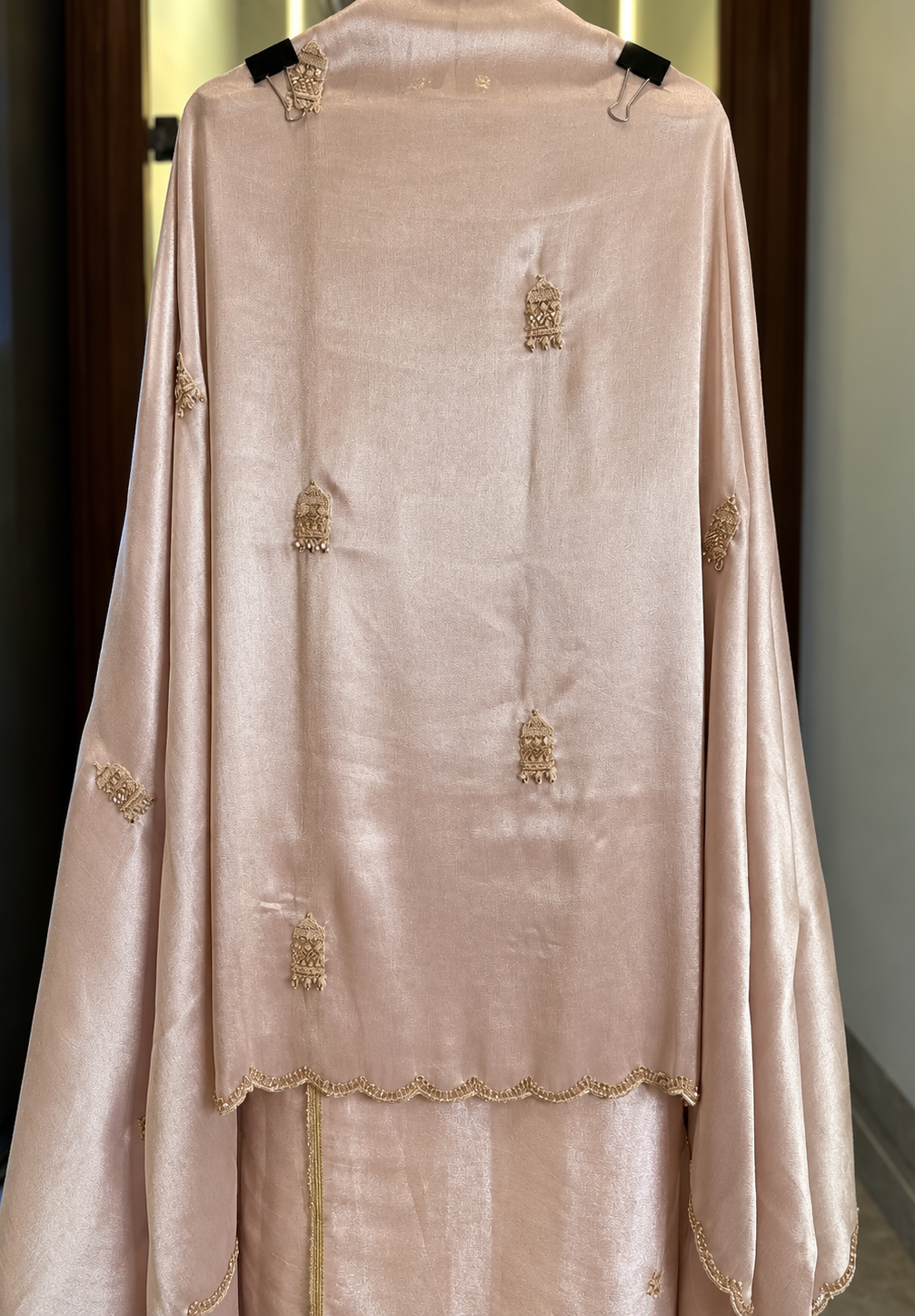 Pure Salsa Silk Suit with Thread, Sequence & Kutdana Work with Kaleera Design in Rose Gold — Salsa Silk, un-stitched suit set by Stree Boutique (photo 3)