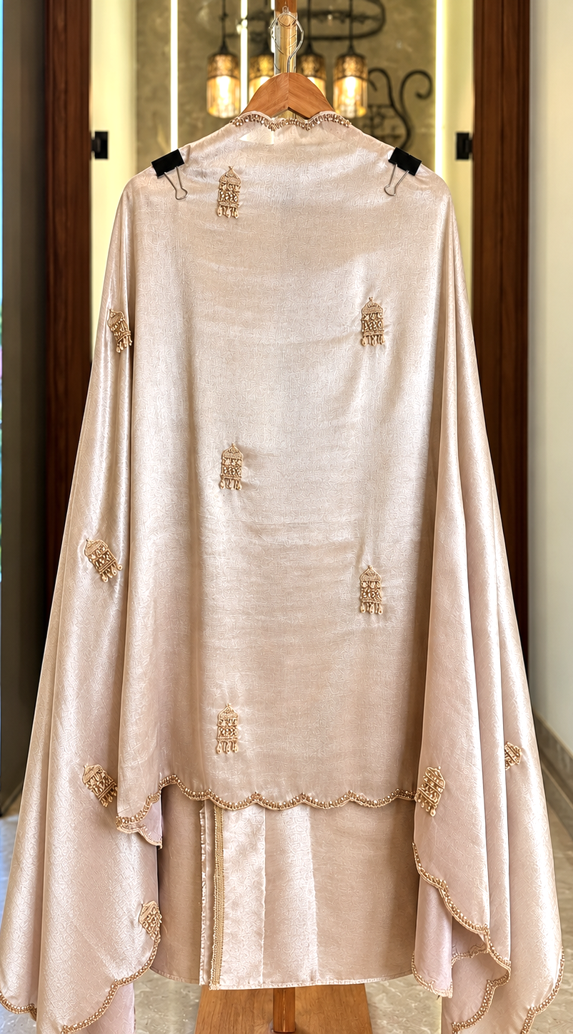 Pure Salsa Silk Suit with Thread, Sequence & Kutdana Work with Kaleera Design in Light Gold — Salsa Silk, un-stitched suit set by Stree Boutique (photo 3)