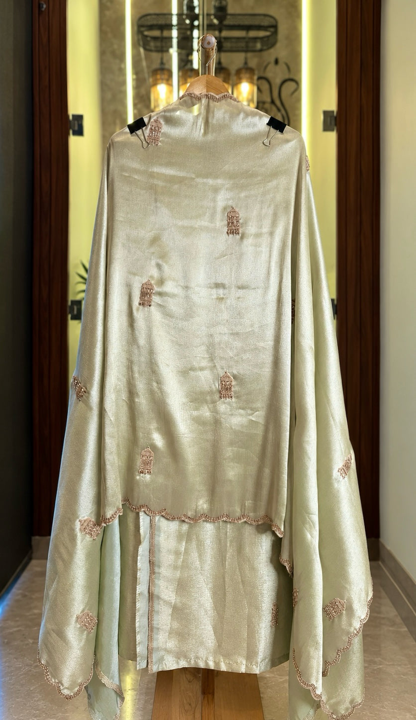 Pure Salsa Silk Suit with Thread, Sequence & Kutdana Work with Kaleera Design in Green — Salsa Silk, un-stitched suit set by Stree Boutique (photo 3)