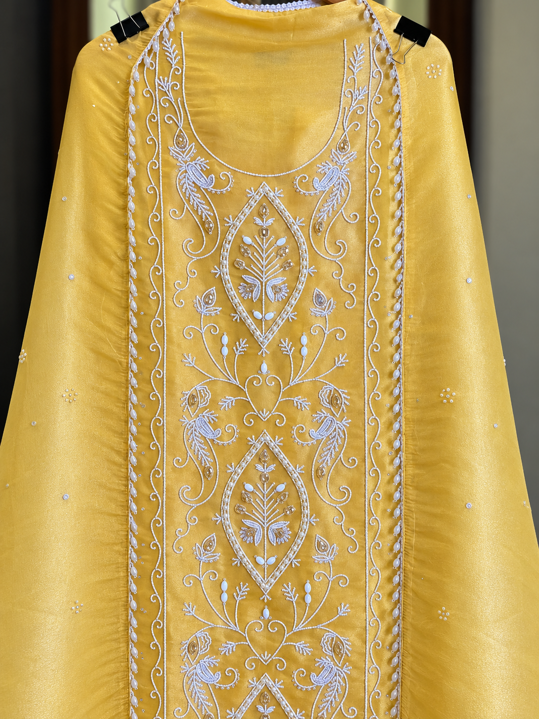 Organza Shimmer Suit with Pearl & Stone Work in Yellow — Organza Shimmer, un-stitched suit set by Stree Boutique (photo 2)
