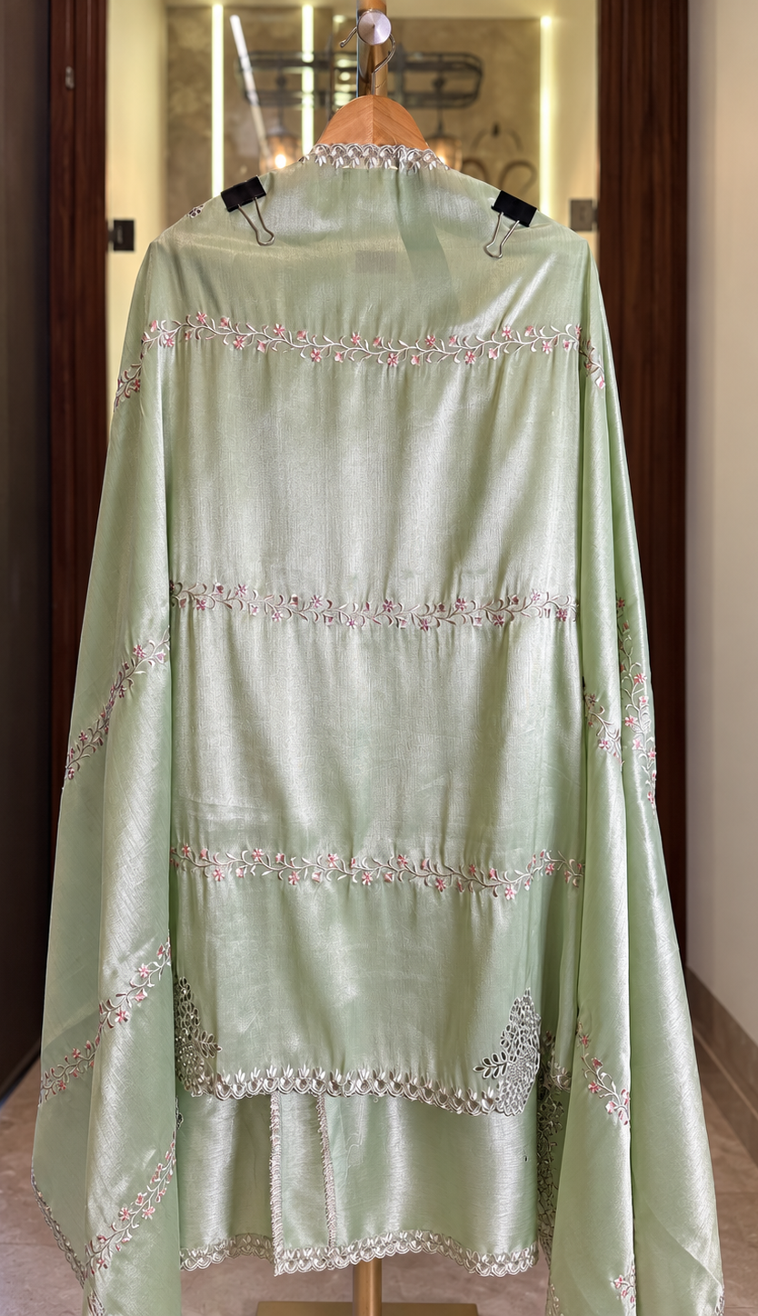 Salsa Silk Suit with Thread & Cut Work in Sea Green — Salsa Silk, un-stitched suit set by Stree Boutique (photo 3)