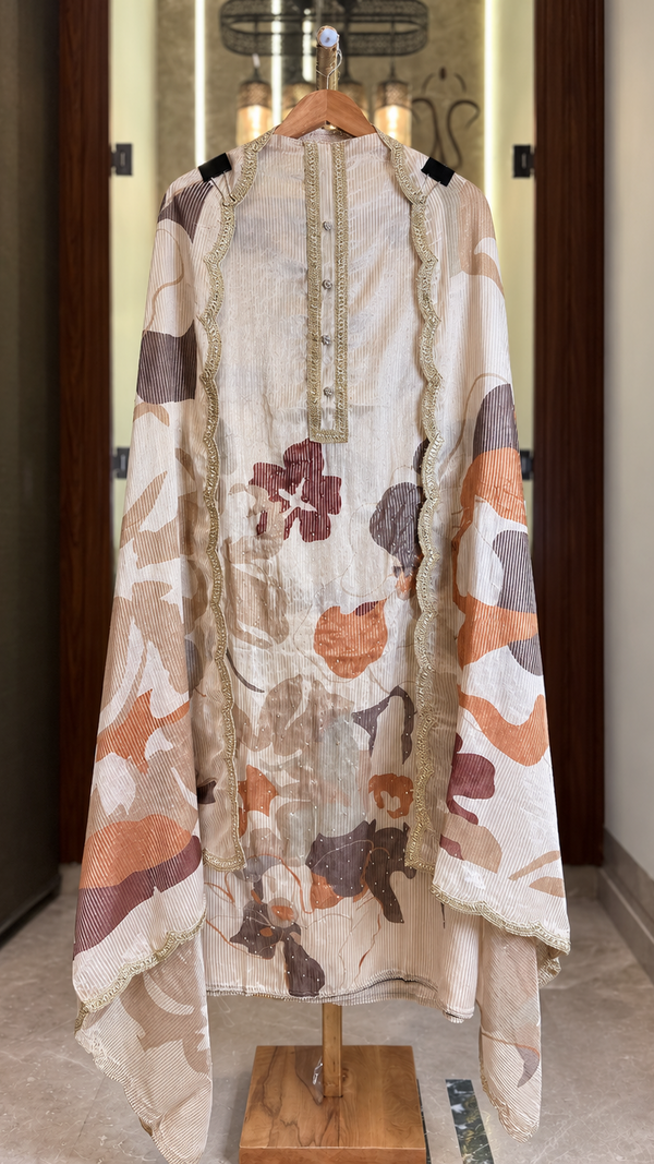 Printed Organza Shimmer Suit with Flower Print and Printed Dupatta in Beige & Brown — Organza Shimmer, un-stitched suit set by Stree Boutique (photo 1)