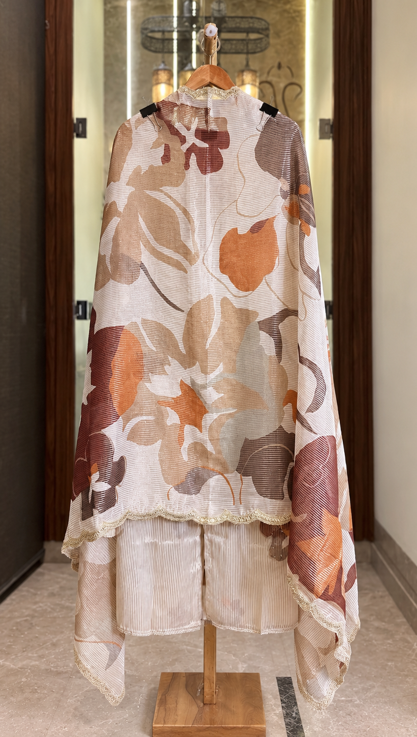 Printed Organza Shimmer Suit with Flower Print and Printed Dupatta in Beige & Brown — Organza Shimmer, un-stitched suit set by Stree Boutique (photo 3)