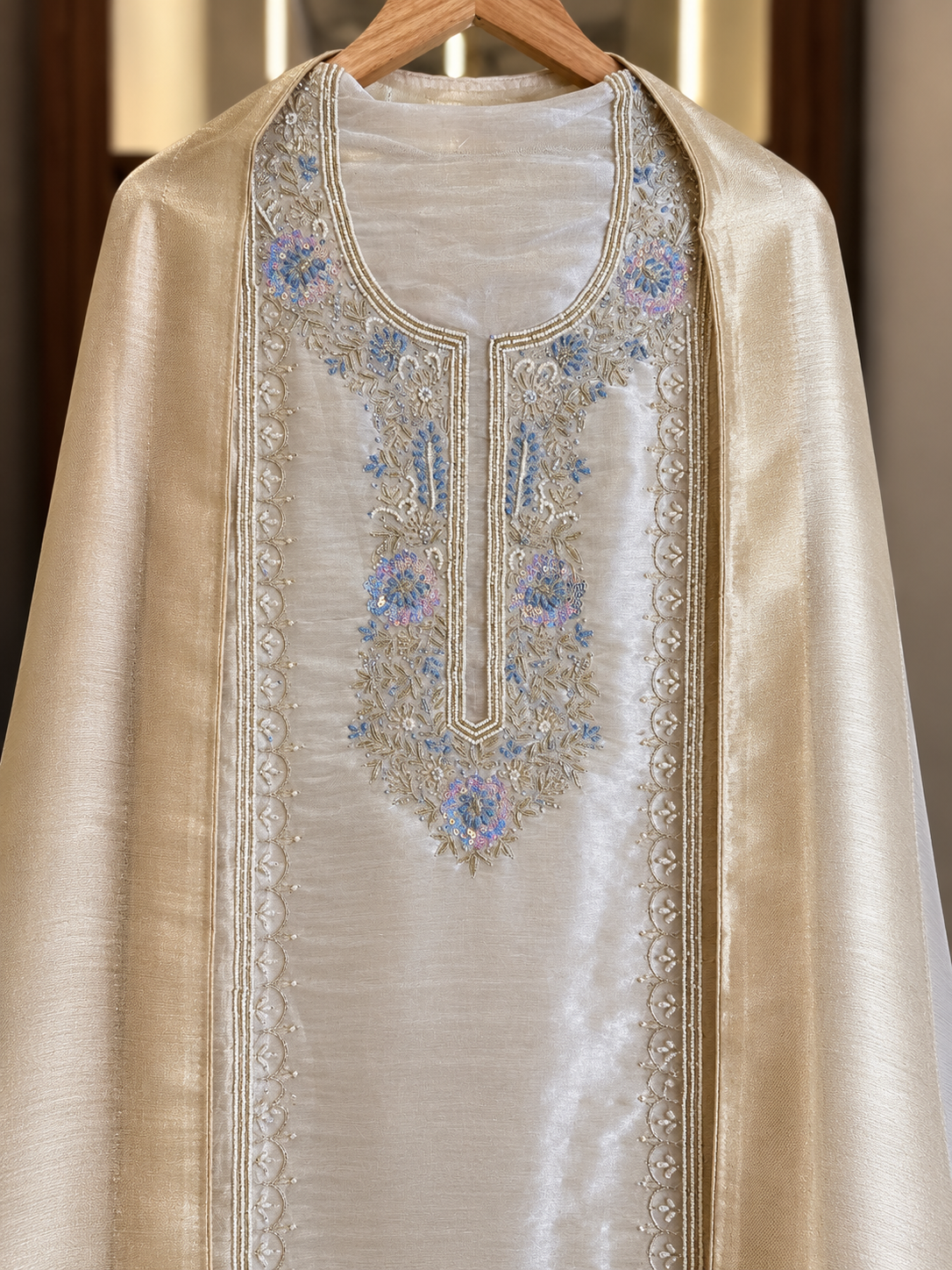Giraffe Silk Suit with Neckline Embroidery in Ivory & Gold — Giraffe Silk, un-stitched suit set by Stree Boutique (photo 2)