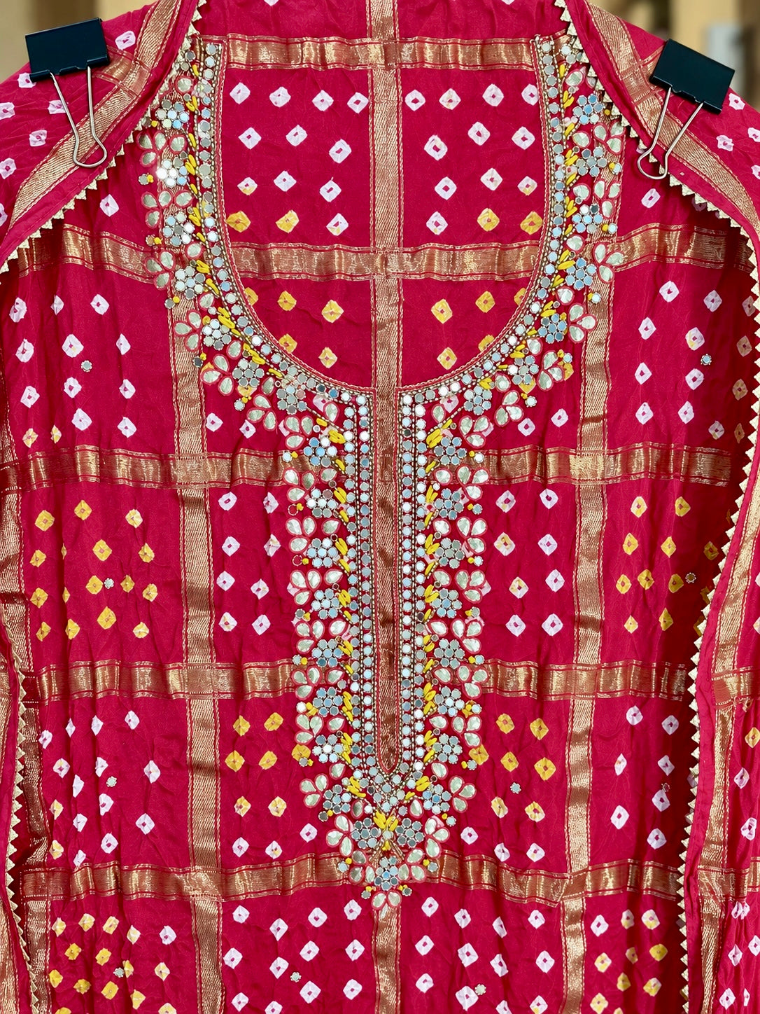 Bandej/Bandhani Suit with Gota, Mirror & Kutdana Work in Red — Bandej/bandhni, un-stitched suit set by Stree Boutique (photo 3)