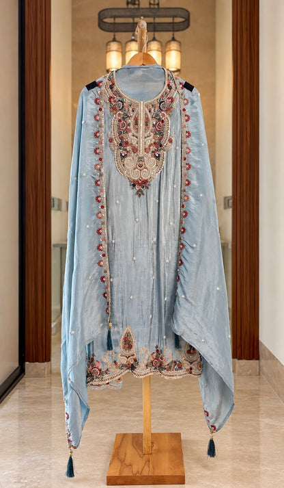Tissue Silk Suit with Thread, Beads and Sequence Work in Light blue — Tissue silk, un-stitched suit set by Stree Boutique (photo 1)