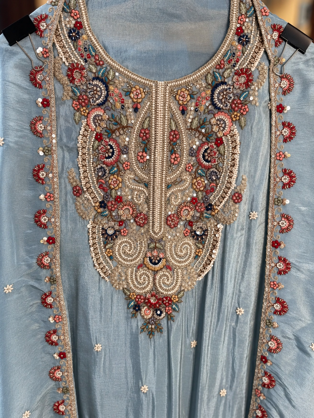 Tissue Silk Suit with Thread, Beads and Sequence Work in Light blue — Tissue silk, un-stitched suit set by Stree Boutique (photo 2)