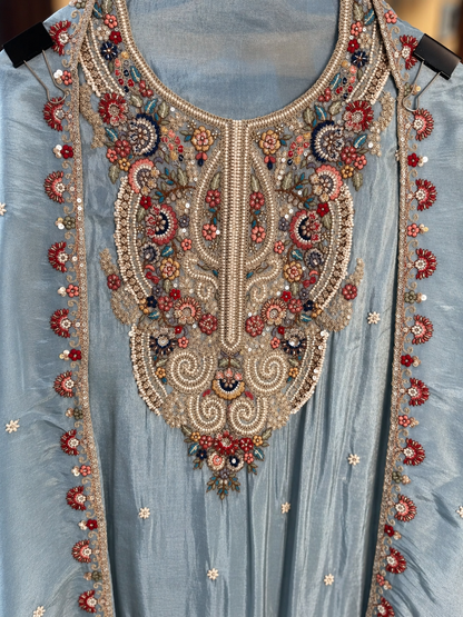 Tissue Silk Suit with Thread, Beads and Sequence Work in Light blue — Tissue silk, un-stitched suit set by Stree Boutique (photo 2)