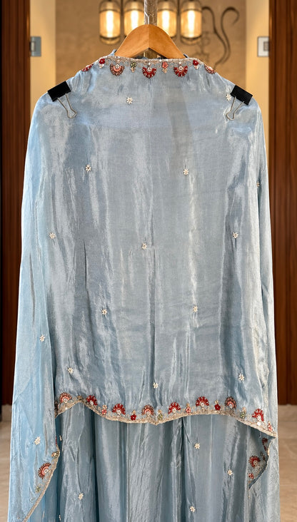 Tissue Silk Suit with Thread, Beads and Sequence Work in Light blue — Tissue silk, un-stitched suit set by Stree Boutique (photo 3)