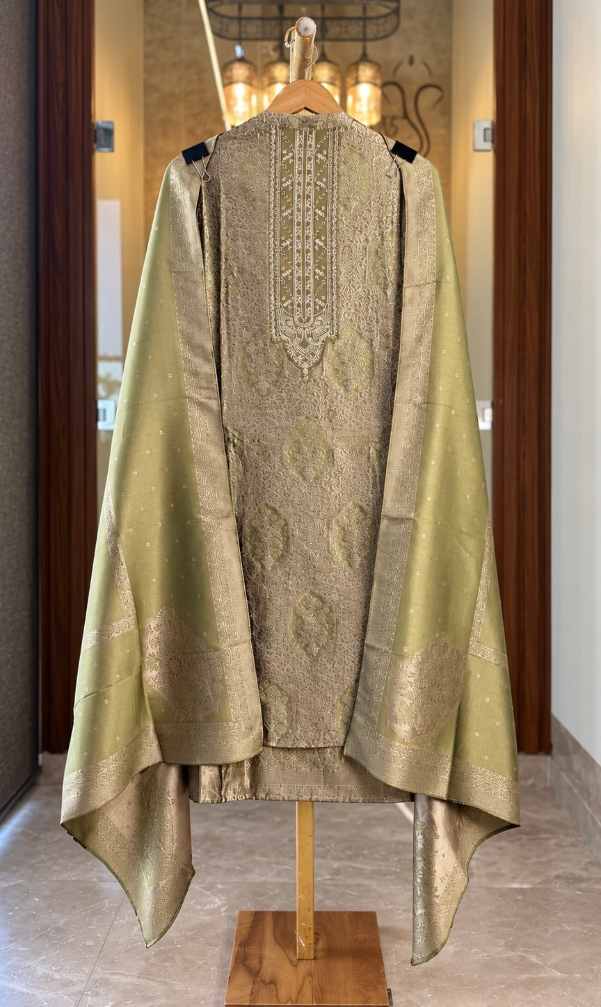 Brocade Silk Suit with Thread Work in Olive Green — Brocade silk, un-stitched suit set by Stree Boutique (photo 1)
