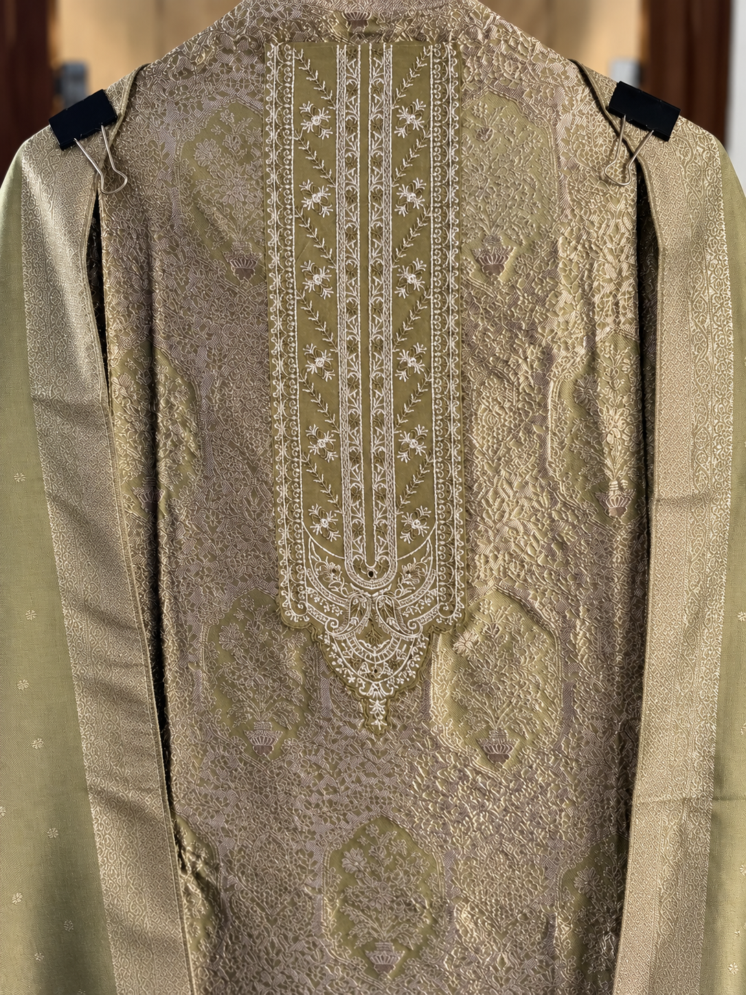 Brocade Silk Suit with Thread Work in Olive Green — Brocade silk, un-stitched suit set by Stree Boutique (photo 2)