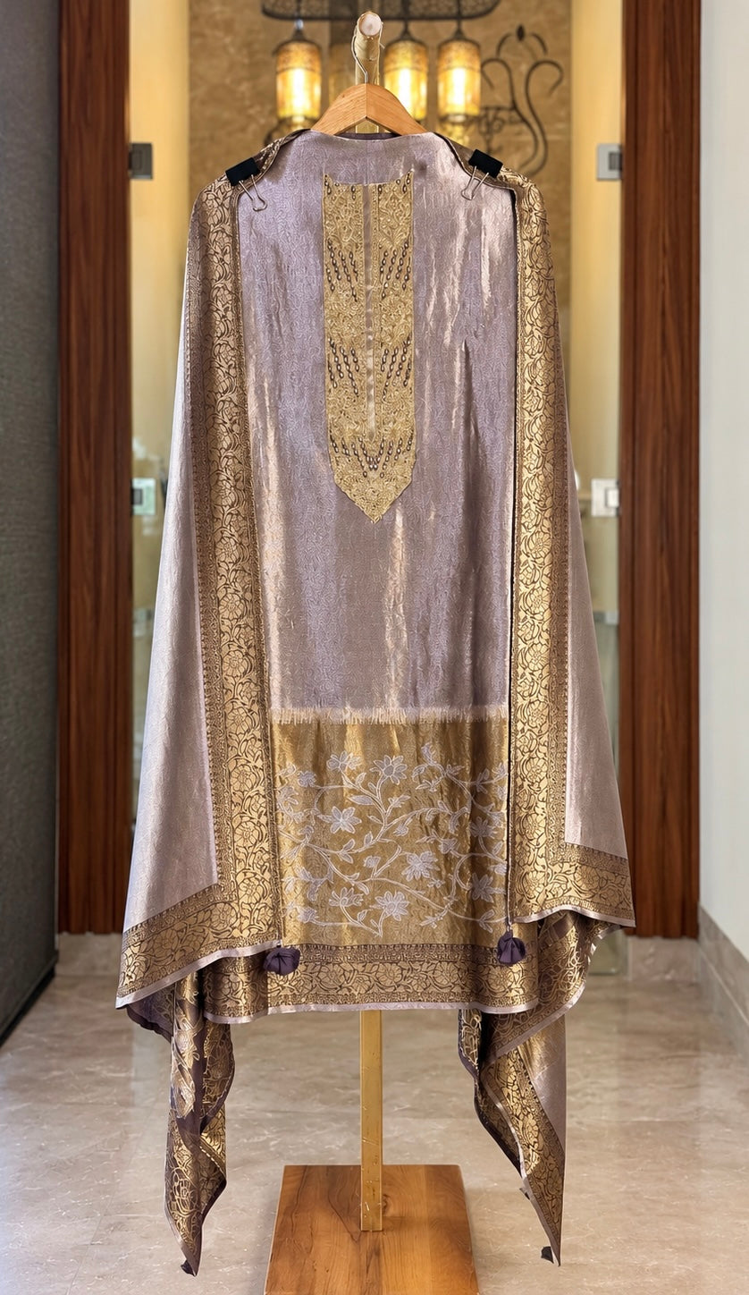 Giraffe Silk Suit with Neck Embroidery in Purple — Giraffe silk, un-stitched suit set by Stree Boutique (photo 1)