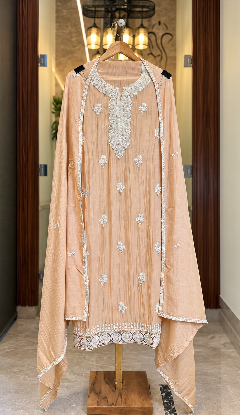 Mul Cotton Suit with Sequence, Pearl & Thread Work in Fawn Beige — Mul Cotton, un-stitched suit set by Stree Boutique (photo 1)