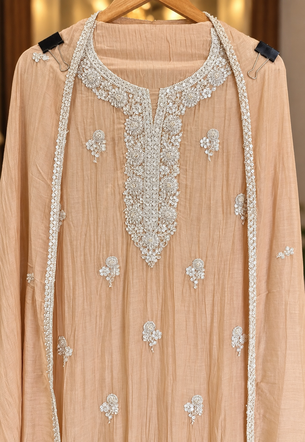 Mul Cotton Suit with Sequence, Pearl & Thread Work in Fawn Beige — Mul Cotton, un-stitched suit set by Stree Boutique (photo 2)