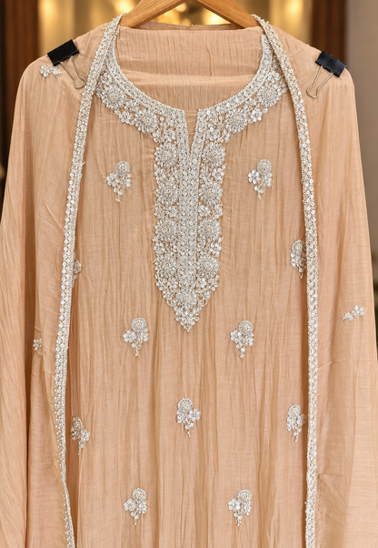 Mul Cotton Suit with Sequence, Pearl & Thread Work in Fawn Beige — Mul Cotton, un-stitched suit set by Stree Boutique (photo 2)