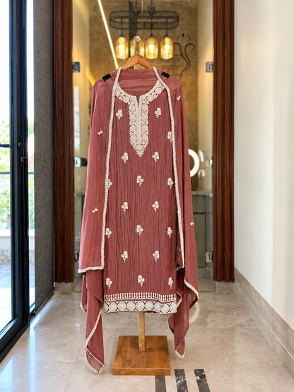 Mul Cotton Suit with Sequence, Pearl & Thread Work in Terracotta Brown — Mul Cotton, un-stitched suit set by Stree Boutique (photo 1)