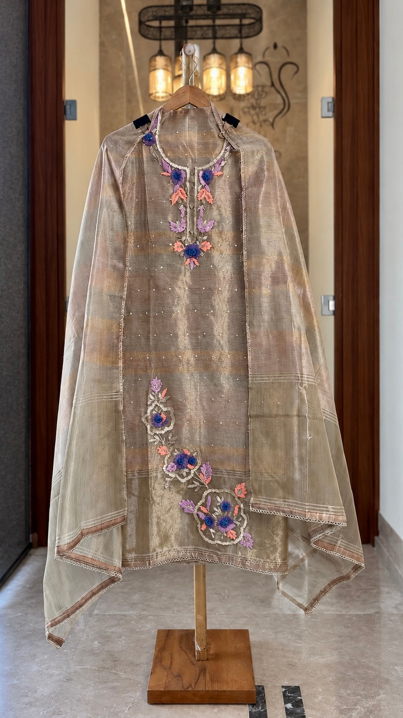 Jamdani Suit with Gota & Thread Work in Copper — Jamdani, un-stitched suit set by Stree Boutique (photo 1)