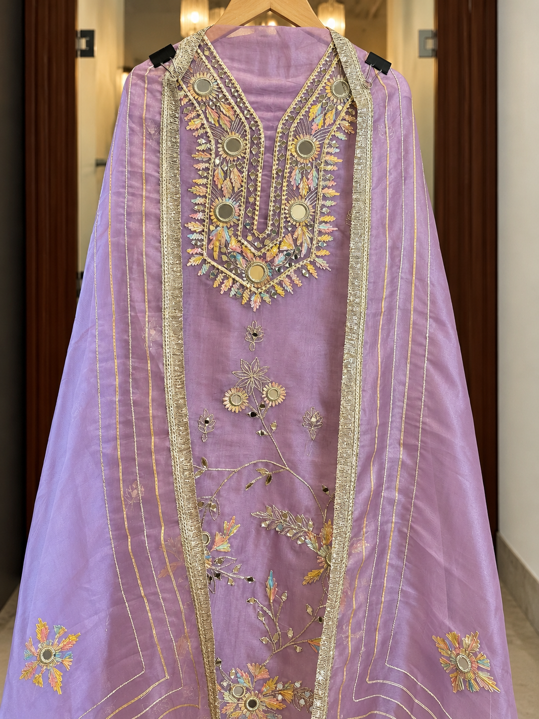 Shimmer Suit with Gota Pati & Mirror Work in Lavender — Shimmer, un-stitched suit set by Stree Boutique (photo 1)