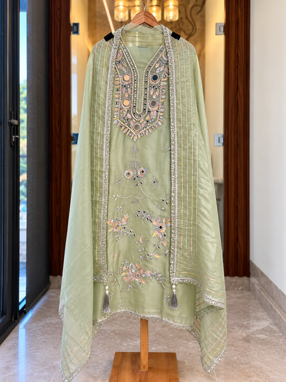 Shimmer Suit with Gota Pati & Mirror Work in Green — Shimmer, un-stitched suit set by Stree Boutique (photo 1)