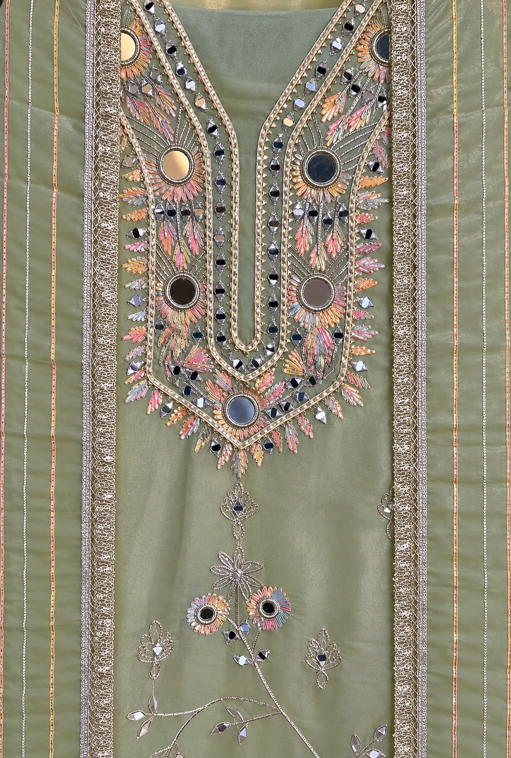 Shimmer Suit with Gota Pati & Mirror Work in Green — Shimmer, un-stitched suit set by Stree Boutique (photo 2)