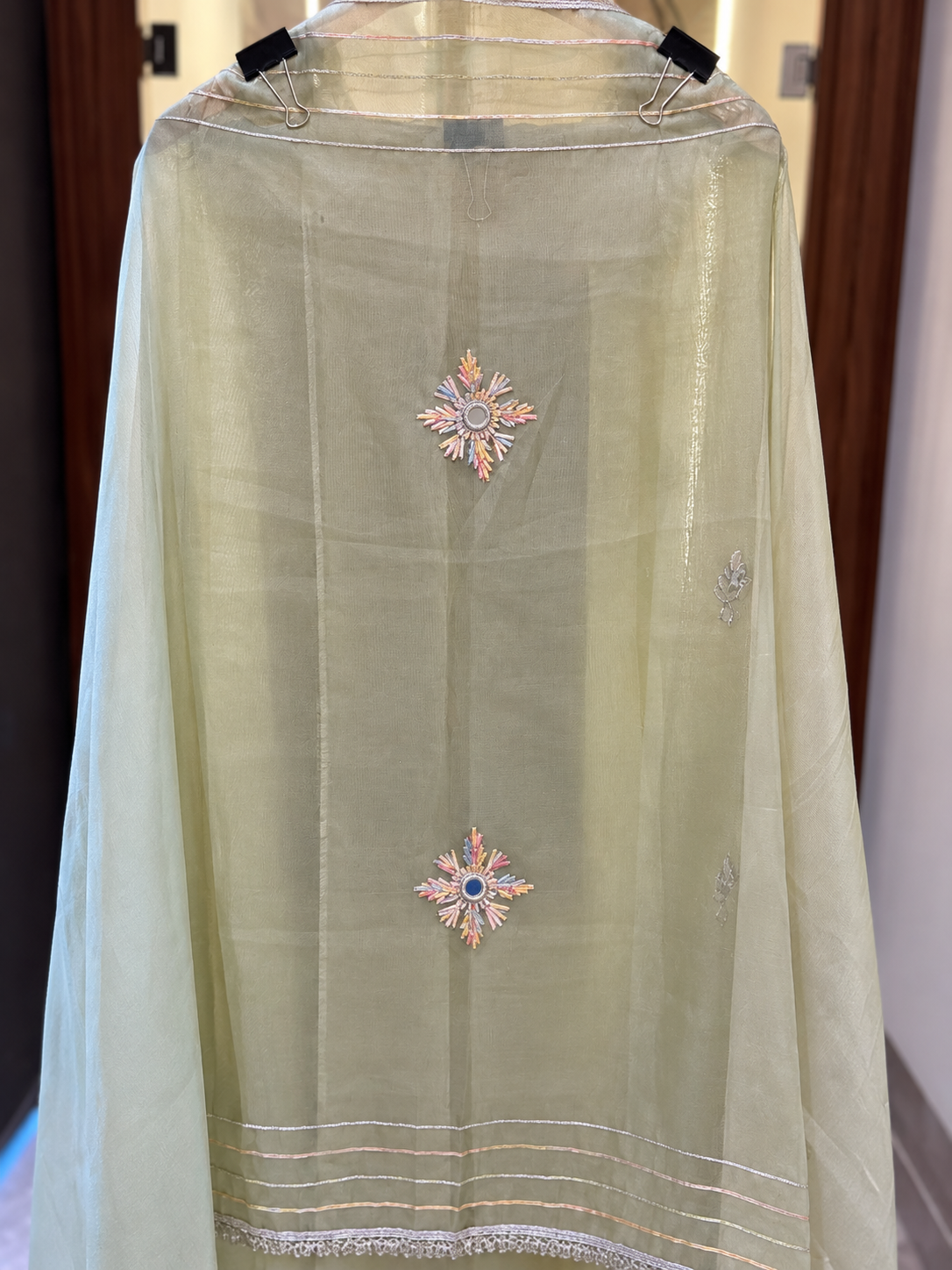 Shimmer Suit with Gota Pati & Mirror Work in Green — Shimmer, un-stitched suit set by Stree Boutique (photo 3)