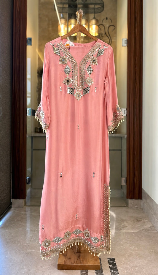 Shimmer Long Dress with Mirror & Gota Work with Potli in Light Pink — Shimmer by Stree Boutique (photo 1)