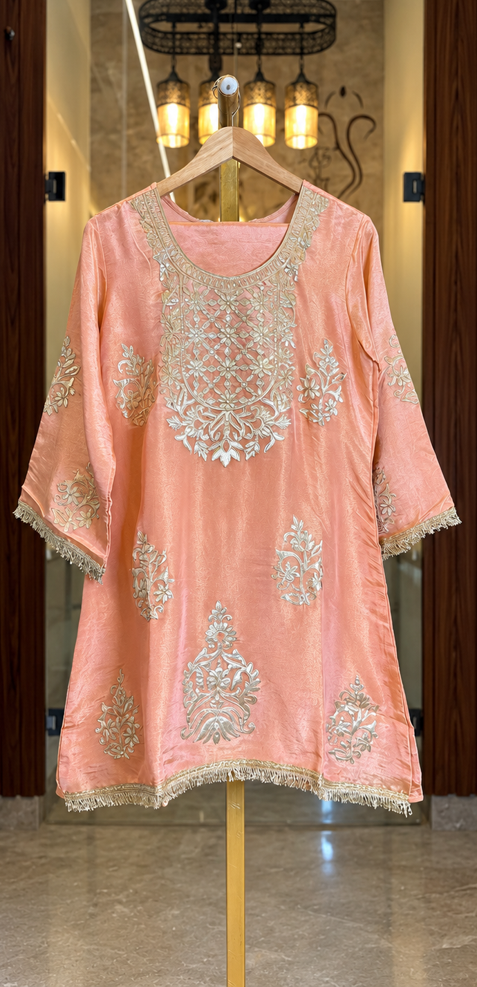 Shimmer Co-ord Set with Gold Work with Potli in Dusty Peach — Shimmer by Stree Boutique (photo 1)