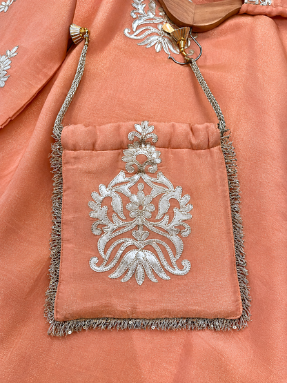 Shimmer Co-ord Set with Gold Work with Potli in Dusty Peach — Shimmer by Stree Boutique (photo 2)