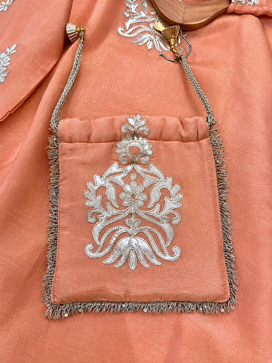 Shimmer Co-ord Set with Gold Work with Potli in Dusty Peach — Shimmer by Stree Boutique (photo 2)