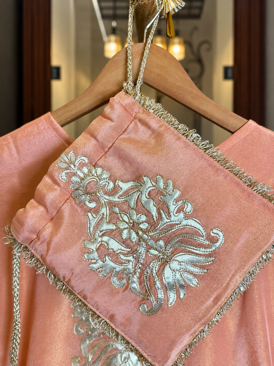 Shimmer Co-ord Set with Gold Work with Potli in Dusty Peach — Shimmer by Stree Boutique (photo 4)