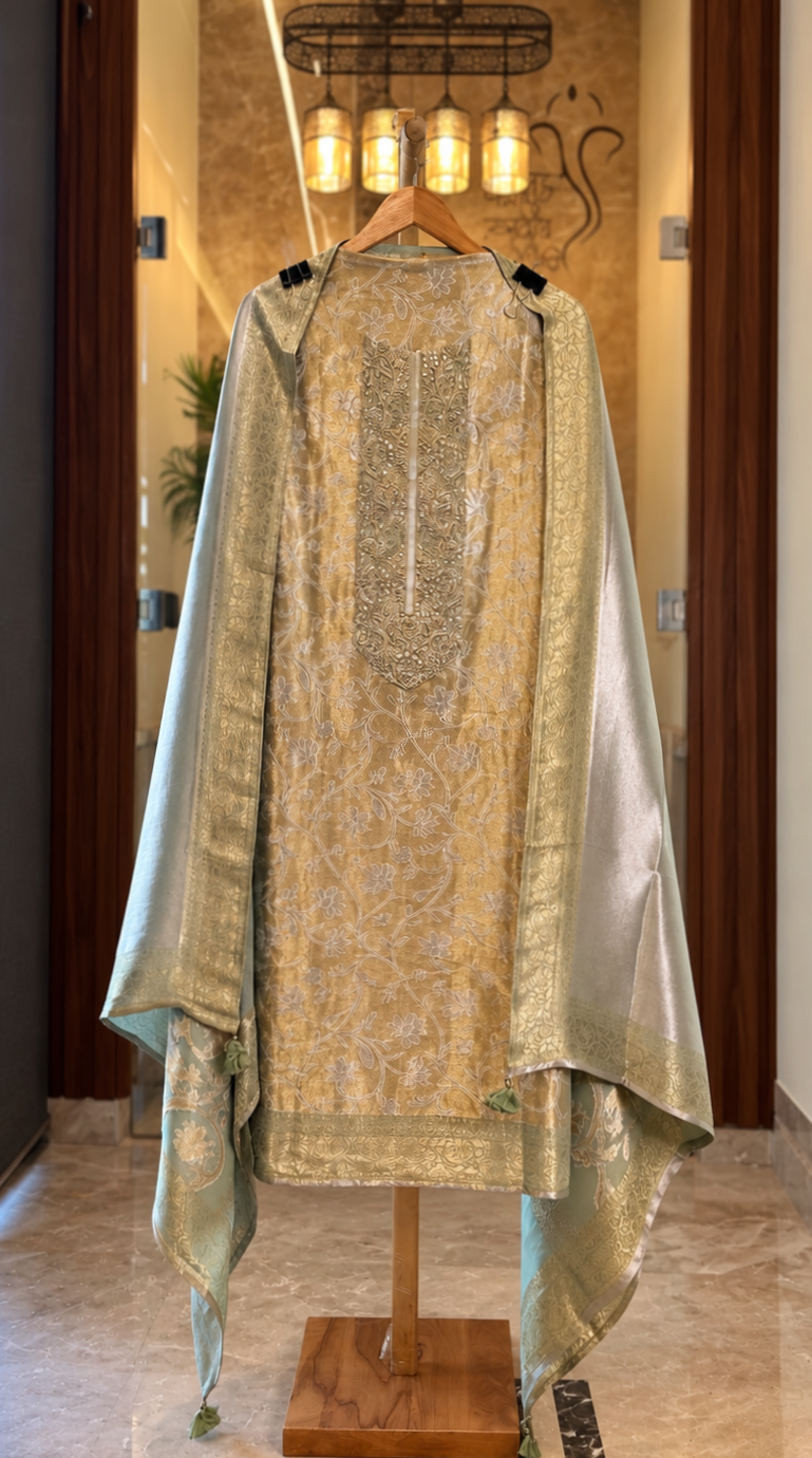 Giraffe Brocade Silk Suit with Zari Work in Pista Green — Giraffe Silk, un-stitched suit set by Stree Boutique (photo 1)