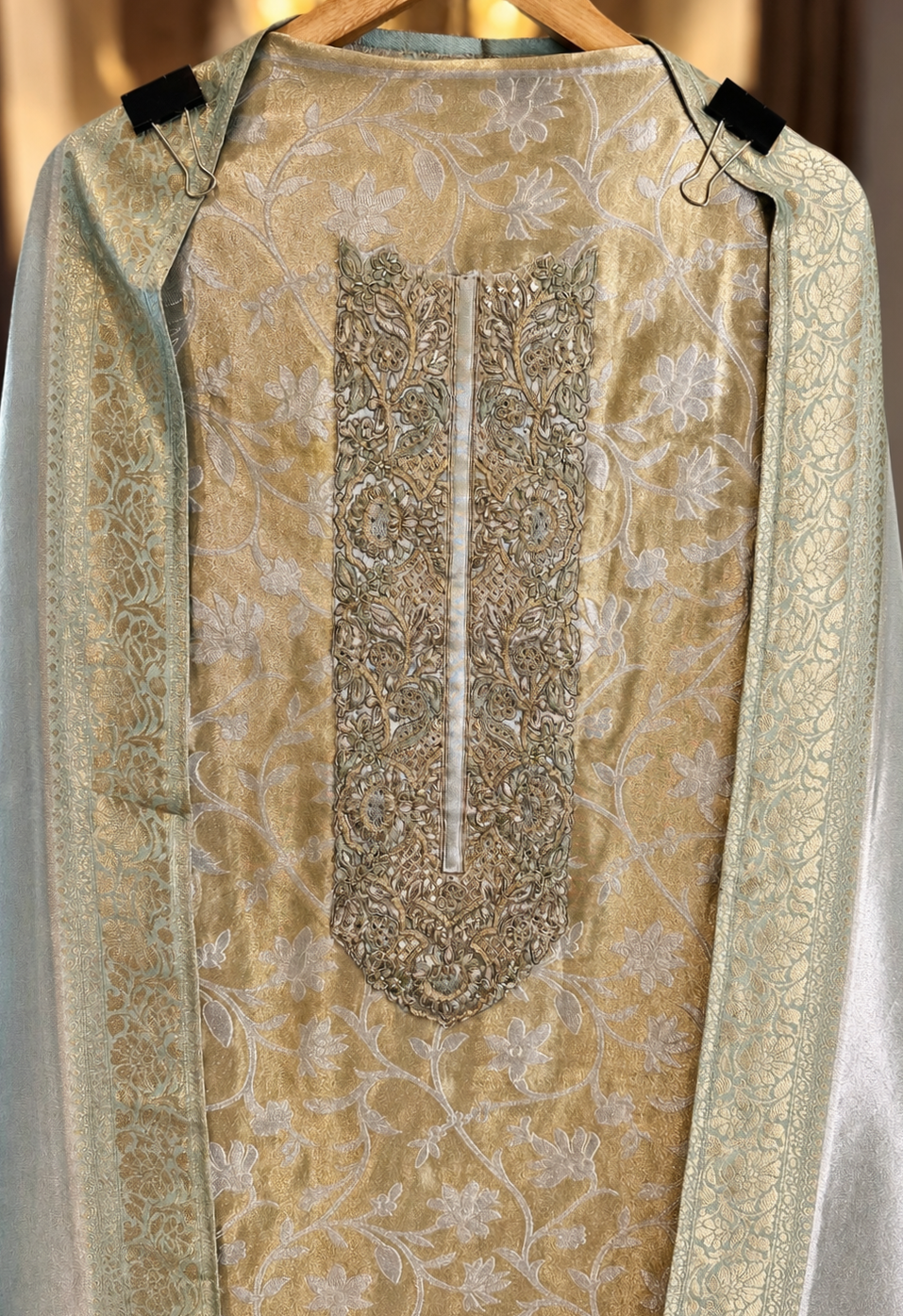 Giraffe Brocade Silk Suit with Zari Work in Pista Green — Giraffe Silk, un-stitched suit set by Stree Boutique (photo 2)