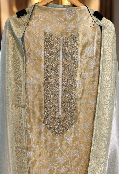 Giraffe Brocade Silk Suit with Zari Work in Pista Green — Giraffe Silk, un-stitched suit set by Stree Boutique (photo 2)