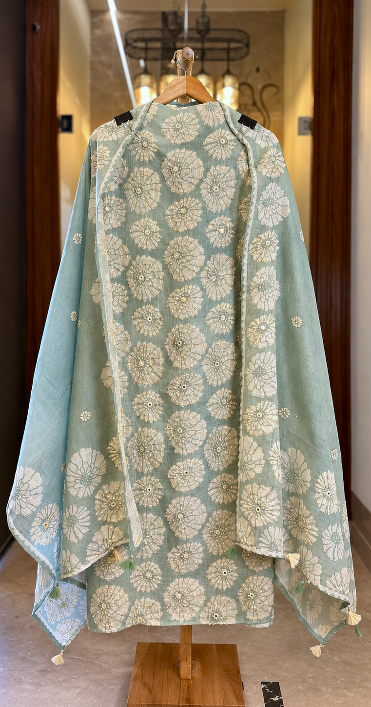 Linen Tissue Suit with Thread & Mirror Work in Sea Green — Linen, un-stitched suit set by Stree Boutique (photo 1)