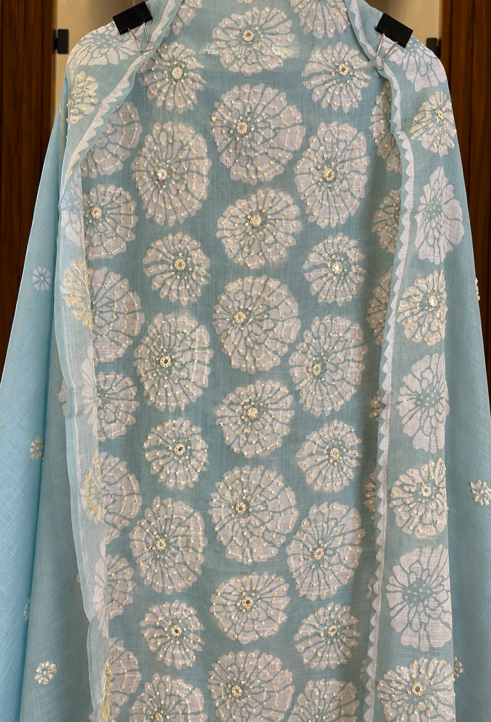 Linen Tissue Suit with Thread & Mirror Work in Sea Green — Linen, un-stitched suit set by Stree Boutique (photo 2)