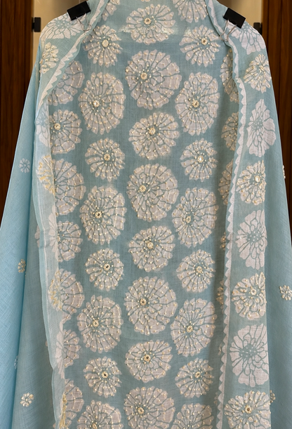 Linen Tissue Suit with Thread & Mirror Work in Sea Green — Linen, un-stitched suit set by Stree Boutique (photo 2)