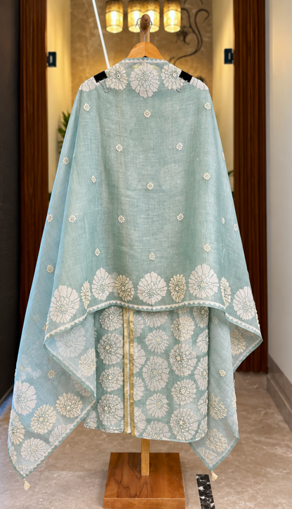 Linen Tissue Suit with Thread & Mirror Work in Sea Green — Linen, un-stitched suit set by Stree Boutique (photo 3)