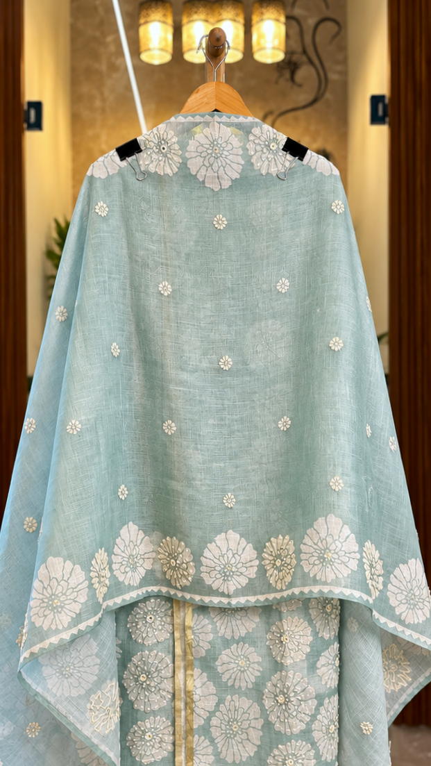 Linen Tissue Suit with Thread & Mirror Work in Sea Green — Linen, un-stitched suit set by Stree Boutique (photo 4)