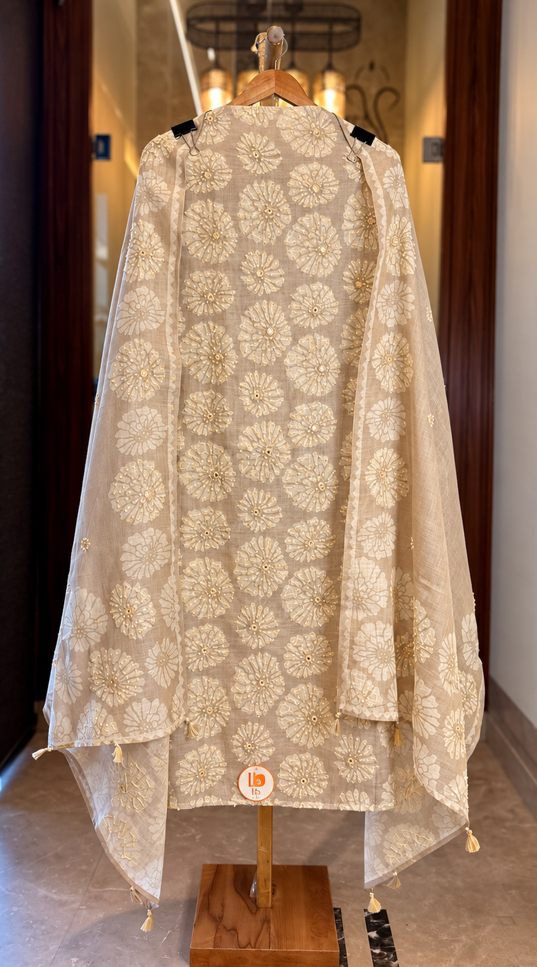 Linen Tissue Suit with Thread & Mirror Work in Beige — Linen, un-stitched suit set by Stree Boutique (photo 1)