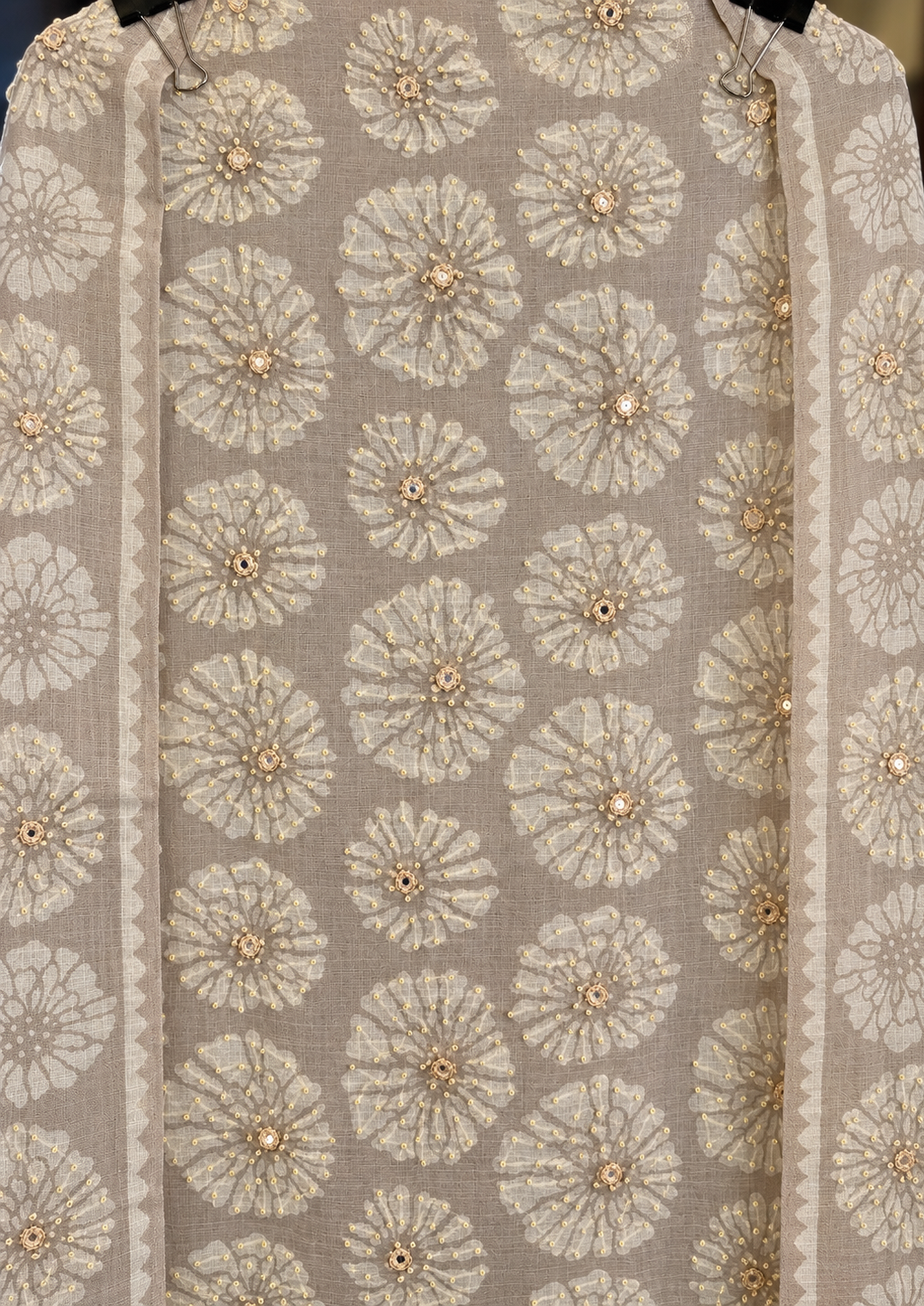 Linen Tissue Suit with Thread & Mirror Work in Beige — Linen, un-stitched suit set by Stree Boutique (photo 2)