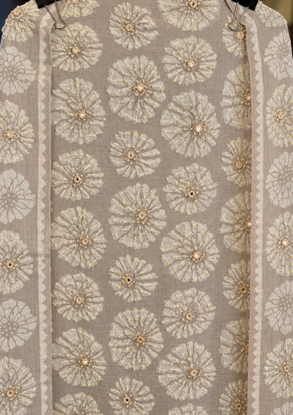 Linen Tissue Suit with Thread & Mirror Work in Beige — Linen, un-stitched suit set by Stree Boutique (photo 2)